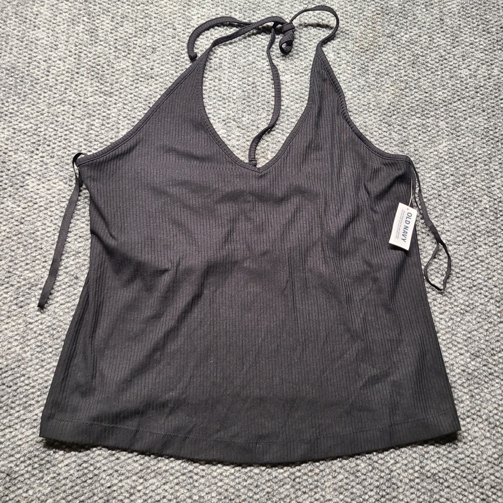 Old Navy Womens Black Ribbed Halter Top V-Neck Built-in Bra 2X 582052-03-1